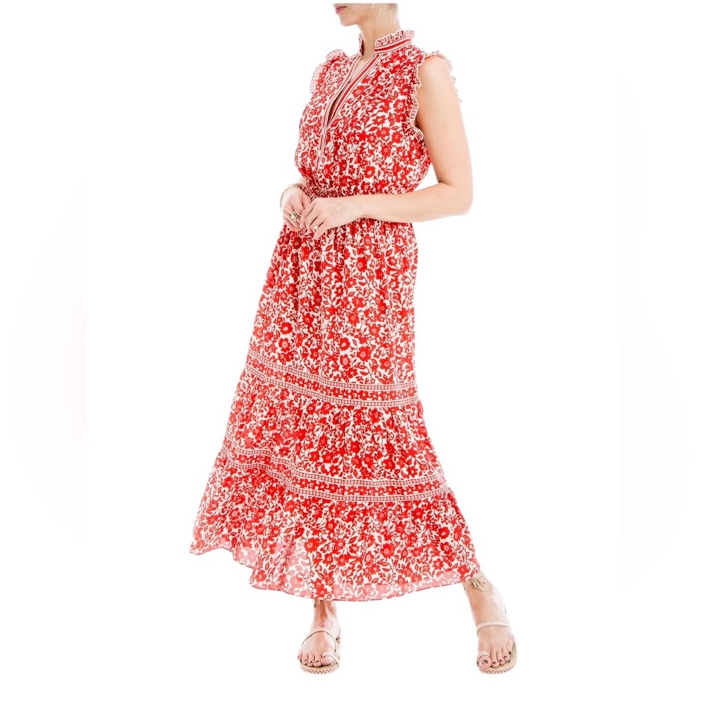 Max Studio London Red/White Floral Print Sleeveless Maxi Tiered Dress ($198)
